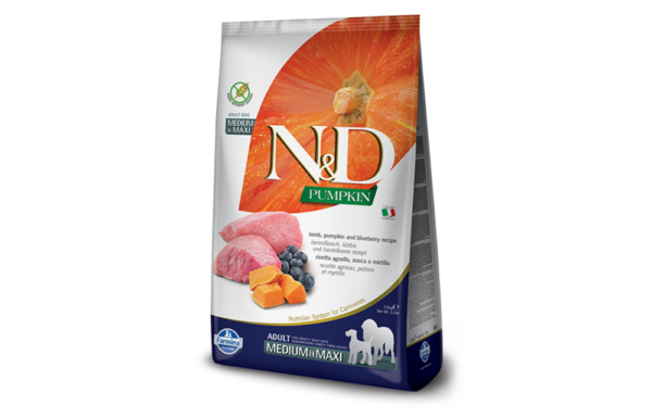 A bag of N&D Pumpkin dog food featuring images of pumpkin, raw lamb meat, and blueberries on its front. The packaging is white with orange and green accents, labeled for adult medium and maxi breeds.