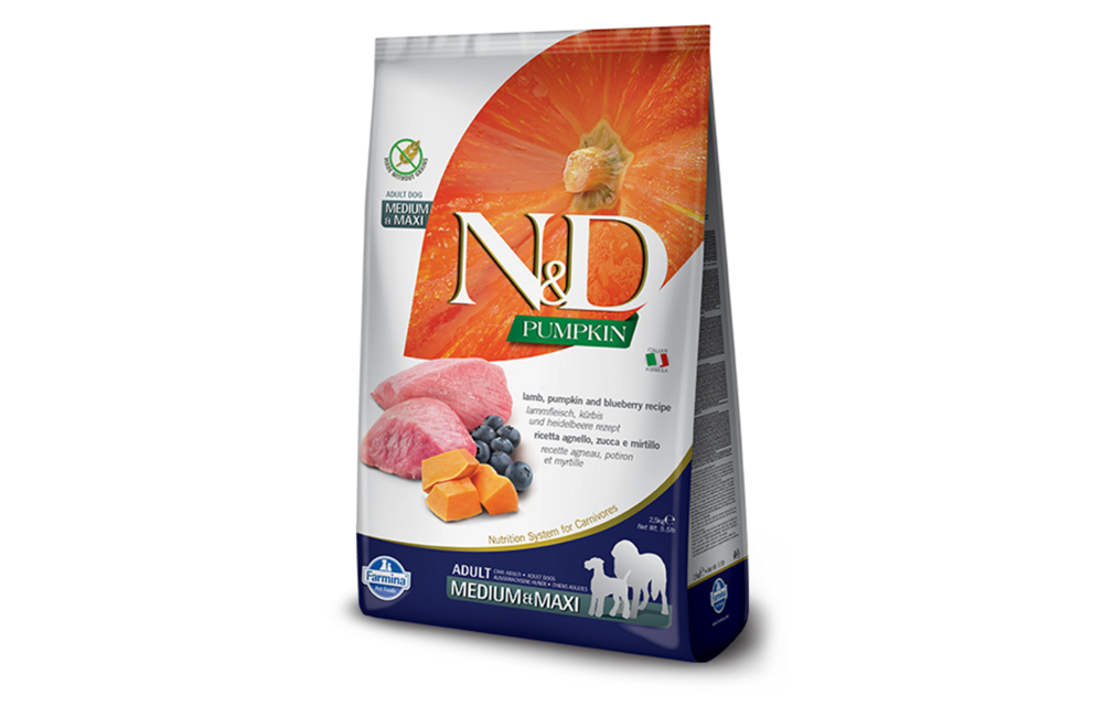 A bag of N&D Pumpkin dog food featuring images of pumpkin, raw lamb meat, and blueberries on its front. The packaging is white with orange and green accents, labeled for adult medium and maxi breeds.
