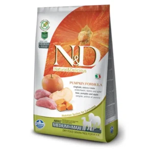 A bag of Farmina N&D Natural & Delicious Pumpkin Formula dry dog food for adult medium and maxi breeds, featuring images of pumpkin, apple, and raw meat on the front. The package highlights grain-free and nutrition system benefits.