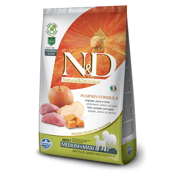 A bag of Farmina N&D Natural & Delicious Pumpkin Formula dry dog food for adult medium and maxi breeds, featuring images of pumpkin, apple, and raw meat on the front. The package highlights grain-free and nutrition system benefits.