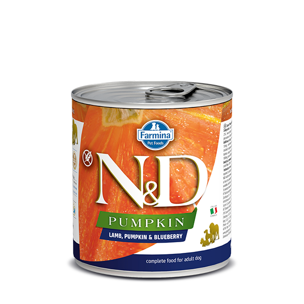 A can of Farmina N&D Pumpkin dog food with lamb, pumpkin, and blueberry flavor. The label is orange with a picture of pumpkin slices and a logo of a dog near the bottom. The can has a silver pull-tab lid.