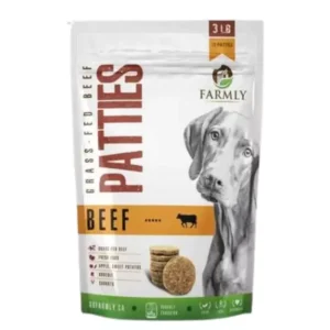 A white bag marked "Farmly Gently Cooked Patties Beef 3 lb" features a dog image and savory patties. It includes "12 Patties" text and icons for wholesome ingredients: beef, flaxseed, apple, sweet potato, and carrots.
