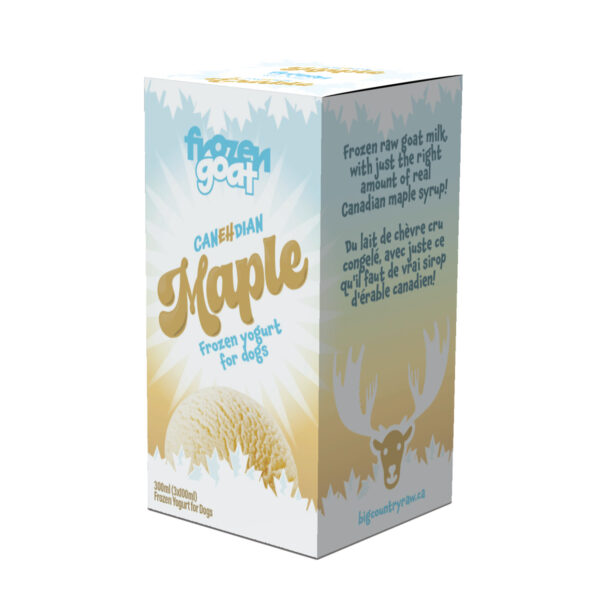 A white and gold box of "Frozen Goat Canadian Maple Frozen Yogurt for Dogs." The front features an ice cream scoop image, product name, and bilingual text. The side displays a moose head illustration and the website lg4country.ca. Capacity: 300ml/10.1oz.