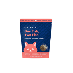 A package of Bocce's Cat treats with a salmon and seaweed recipe. The package is blue and red with a cartoon cat illustration and text highlighting healthy ingredients like salmon and seaweed. Contains 2 oz of crunchy treats.