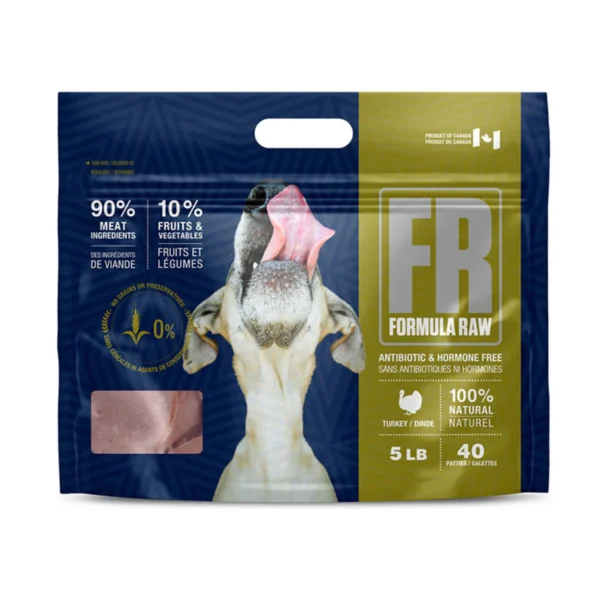 Packaging of FR Formula Raw pet food featuring a dog licking its lips. The bag highlights 90% meat ingredients and 10% fruits and vegetables. It’s antibiotic and hormone free, with turkey as the main ingredient. Weight: 5 lb, 40 patties.