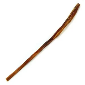 A single brown dog chew stick against a plain white background. The stick is long and slightly twisted, resembling a natural piece of dried meat.