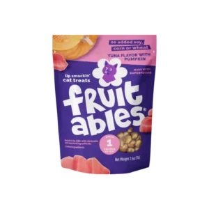 A purple and orange pouch of Fruitables lip smackin’ cat treats, tuna flavor with pumpkin. The package highlights "no added soy, corn or wheat," "made with superfoods," and contains 2.5 oz of treats.