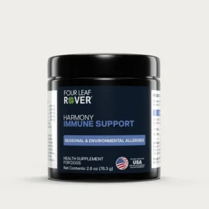 A black jar labeled “Four Leaf Rover Harmony Seasonal Allergy Support” for dogs, formulated to help with seasonal and environmental allergies. The jar features a blue Four Leaf Rover label with a USA flag and contains 65.7 g (2.32 oz) of supplement.