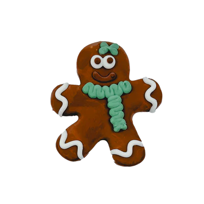 A gingerbread cookie shaped like a person, decorated with a green bow on its head and a matching green scarf. Its eyes and mouth are white, with white icing detailing on its arms and legs.