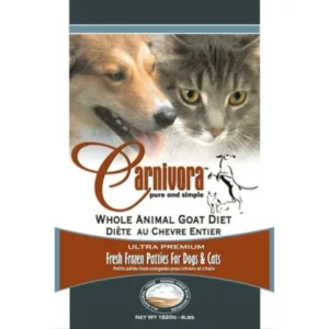 The packaging for the Carnivora Whole Animal Goat Diet 4lbs features images of a dog and a cat, emphasizing its "Fresh Frozen Patties For Dogs & Cats." It also highlights the "Ultra Premium" quality and indicates a weight of 1820g / 4lbs.