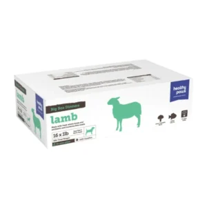 A rectangular box of pet food, branded as "Healthy Paws Lamb 16 lbs," featuring a green silhouette of a lamb on the front. The packaging specifies that it includes 16 one-pound portions of lamb-based meals.