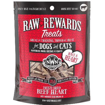 A red and black bag of Raw Rewards Treats for dogs and cats. The packaging highlights that it's made with 100% beef heart, made in the USA, and features freeze-dried beef heart pieces. Made in Portland, Oregon.