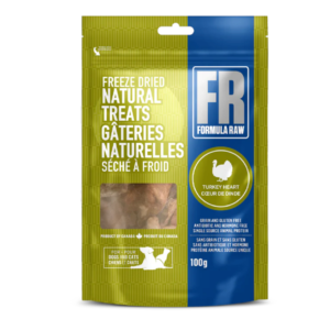 A green and blue bag of FR Formula Raw Freeze Dried Natural Treats for dogs and cats, turkey heart flavor, 100g. The packaging highlights that it is grain and gluten free and made in Canada.