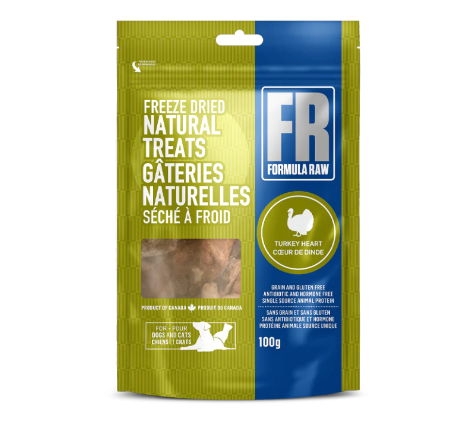A green and blue bag of FR Formula Raw Freeze Dried Natural Treats for dogs and cats, turkey heart flavor, 100g. The packaging highlights that it is grain and gluten free and made in Canada.