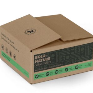 A brown, rectangular box is partially open. The box has the brand name "BOLD by Nature" printed on it along with phrases such as "Butcher's Box" and "Select." Symbols indicating product details like chicken, pork, beef, and meal type are also visible on the box.