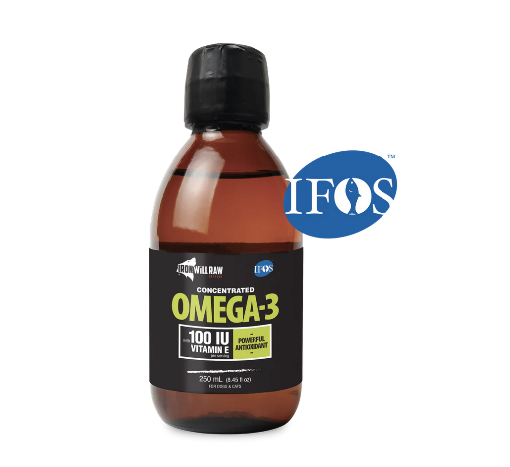 A brown plastic bottle labeled "Omega-3 Concentrated," featuring 100 IU Vitamin E and "Powerful Antioxidant." The bottle holds 250 mL, and the blue IFOS logo is displayed to the right.