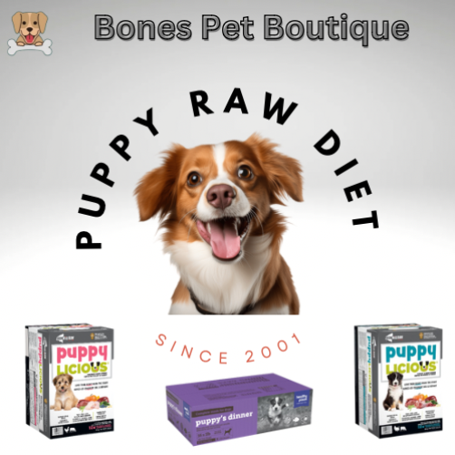 A cheerful dog is surrounded by the words "Puppy Raw Diet" and boxes of pet food products. The top text reads "Bones Pet Boutique," and the bottom text says "Since 2001." There are three pet food packages at the bottom: two labeled "Puppylicious" and one "puppy's dinner.