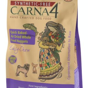 A 20 lb bag of Carna4 Synthetic-Free Hand Crafted Dog Food, featuring a woman holding a dog, product info, and claims like "Grain Free," "Easy Chew," and "Quick Baked-Air Dried Whole Food Nuggets.