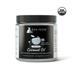 Jar of Kin+Kind organic cold-pressed coconut oil supplement for dogs and cats.