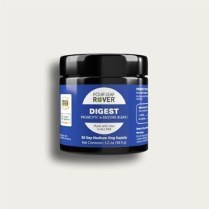 A black container of Four Leaf Rover Digest Probiotic & Enzyme Blend for dogs, featuring a blue label with product details and branding. The container provides a 30-day medium dog supply and weighs 1.2 oz (34.5 g).