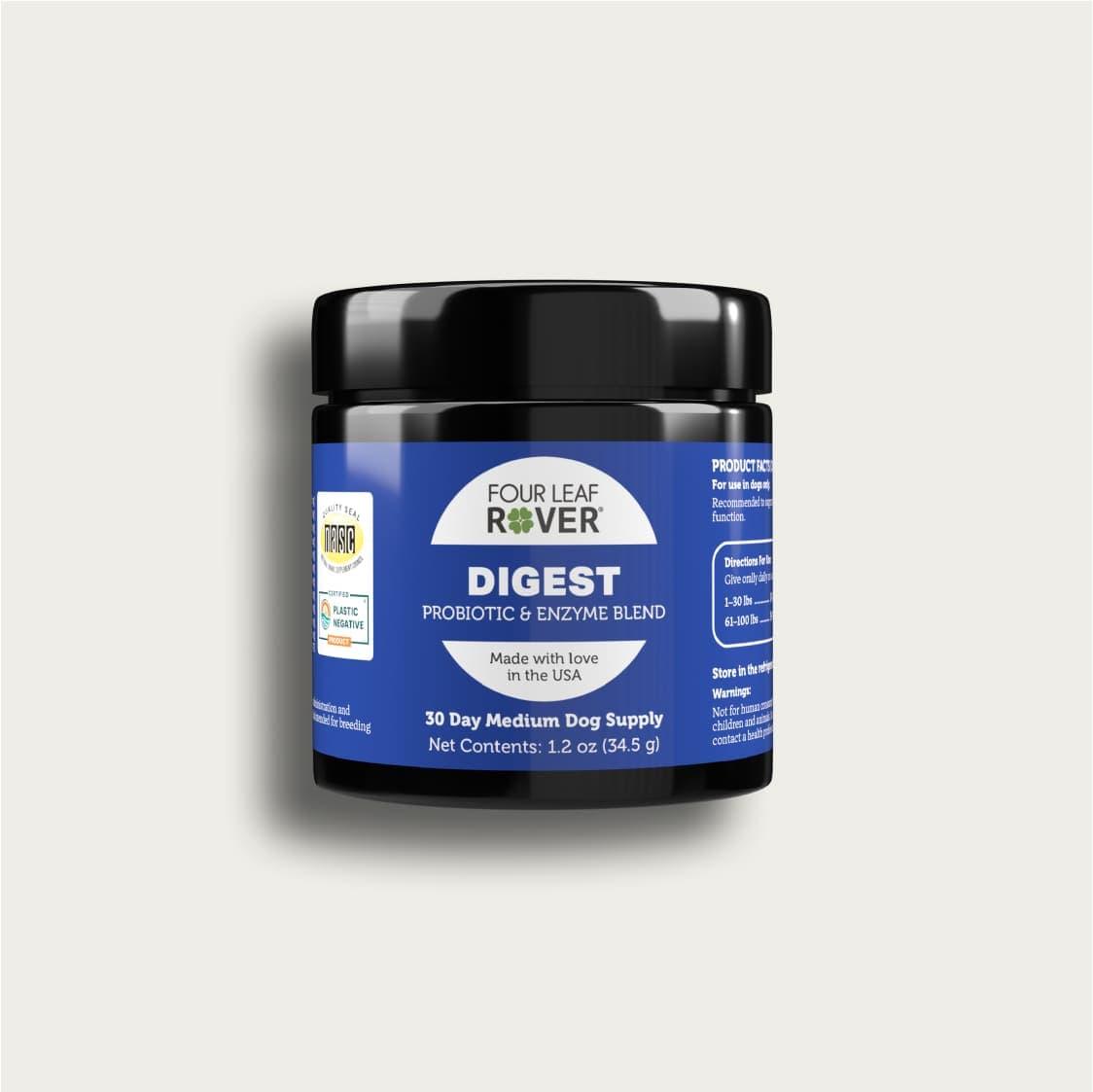 A black container of Four Leaf Rover Digest Probiotic & Enzyme Blend for dogs, featuring a blue label with product details and branding. The container provides a 30-day medium dog supply and weighs 1.2 oz (34.5 g).