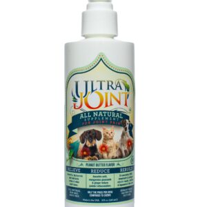 A white pump bottle of Ultra Joint all-natural supplement for pets, peanut butter flavor, featuring images of a dog, cat, and rabbit on the label with text promoting relief, reduction, and rebuilding of joints.