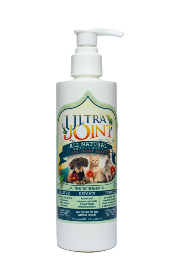 A white pump bottle of Ultra Joint all-natural supplement for pets, peanut butter flavor, featuring images of a dog, cat, and rabbit on the label with text promoting relief, reduction, and rebuilding of joints.