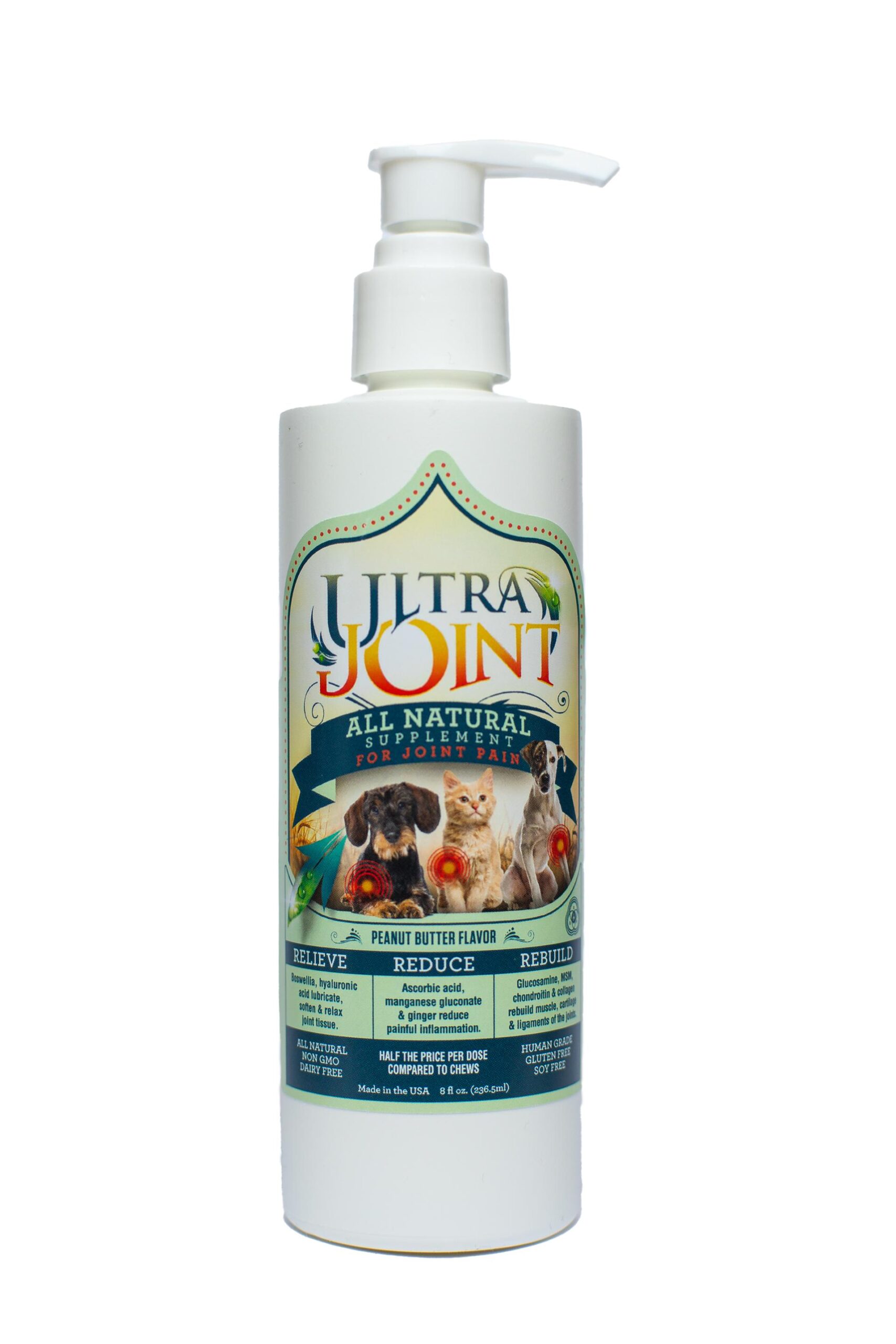 A white pump bottle of Ultra Joint all-natural supplement for pets, peanut butter flavor, featuring images of a dog, cat, and rabbit on the label with text promoting relief, reduction, and rebuilding of joints.