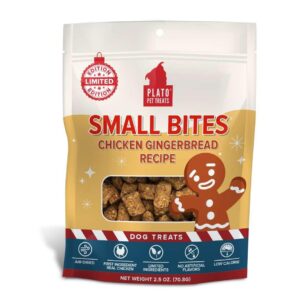 A bag of Plato Pet Treats, labeled "Small Bites Chicken Gingerbread Recipe." The package features star designs and an illustration of a gingerbread figure with a wagging tail. It highlights limited edition, air-dried, limited ingredients, and no artificial flavors.