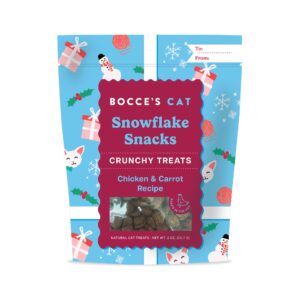 A festive blue package of Bocce's Cat Snowflake Snacks with a chicken and carrot recipe. It features playful cats, snowflakes, gift boxes, and snowmen around the edges, and a clear window showing the treats inside.