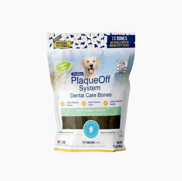A 17 oz bag of Proden Dental Care Bones Mint for dogs. The packaging shows a happy dog, product details, and highlights its vegan formula with omega fatty acids for dental care.