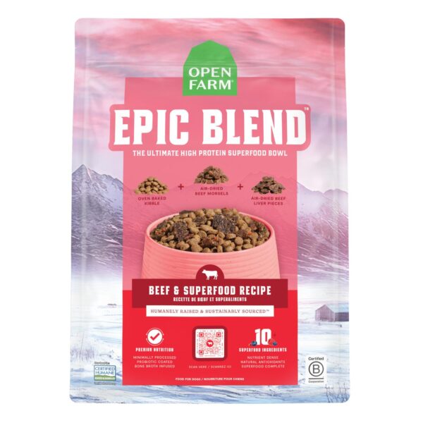 A pink and white bag of Open Farm Epic Blend dog food, labeled "Beef & Superfood Recipe" with images of beef morsels and liver pieces. The mountains and a farm are shown at the bottom of the package.