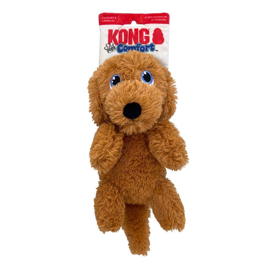 A brown plush dog toy with large blue eyes and a black nose is shown. The toy is labeled "KONG Comfort" and is attached to packaging at the top.