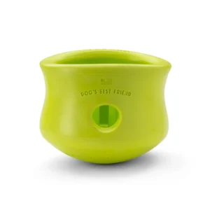 The West Paw Toppl Green Extra Large is a lime green, rubber dog treat dispenser with a round, wavy shape, a center hole, and "DOG'S BEST FRIEND" embossed above the hole.
