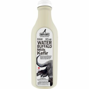 A white plastic bottle labeled "Happy Days Buffalo Kefir 975 ml" features an image of a water buffalo and a red maple leaf on the front.