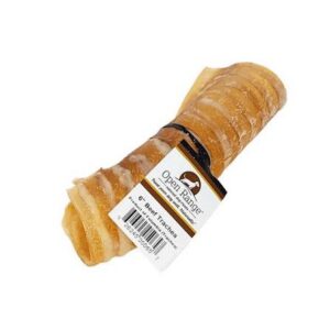 A six-inch dried beef trachea dog chew with an Open Range brand label and barcode.