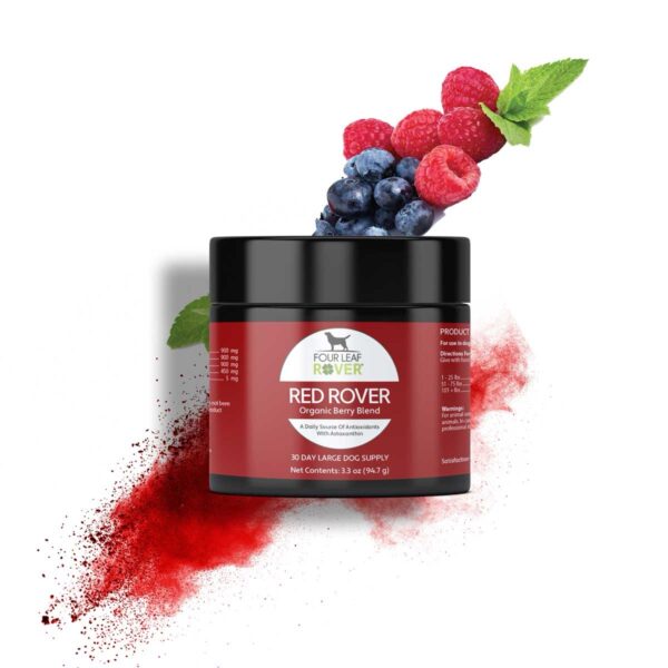 A jar of Four Leaf Rover Red Rover 2.7 oz for dogs, surrounded by a splash of red powder and fresh berries like raspberries, blueberries, and blackberries.