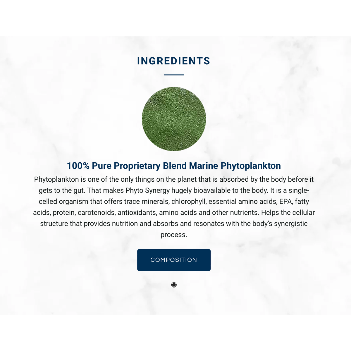 A green circular image of Adored Beast Phyto Synergy 15g marine phytoplankton appears above its nutritional benefits and a "COMPOSITION" button on a marble background.