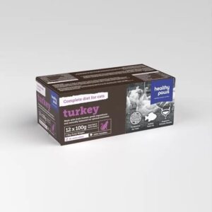 A rectangular box of Healthy Paws Turkey for Cat 12x100 gr is shown against a plain background, labeled "Complete diet for cats," and displays images of a cat and turkey.