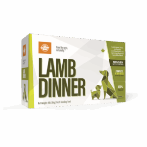 A white and green box of Big Country Raw Lamb Dinner 4x1lb features bold text, a geometric green dog illustration, and highlights that it’s complete, balanced, and made with 100% natural ingredients.