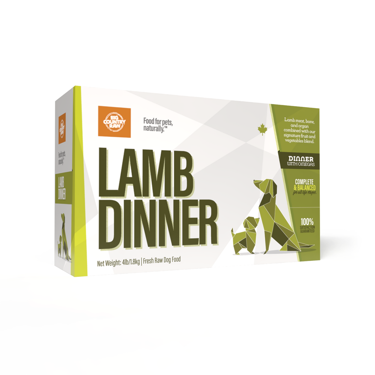 A white and green box of Big Country Raw Lamb Dinner 4x1lb features bold text, a geometric green dog illustration, and highlights that it’s complete, balanced, and made with 100% natural ingredients.