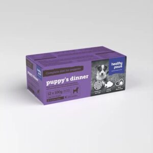 A purple box labeled "Healthy Paws Puppy Dinner" contains 12 packs of complete diet food for puppies, featuring a puppy photo and icons highlighting healthy ingredients.