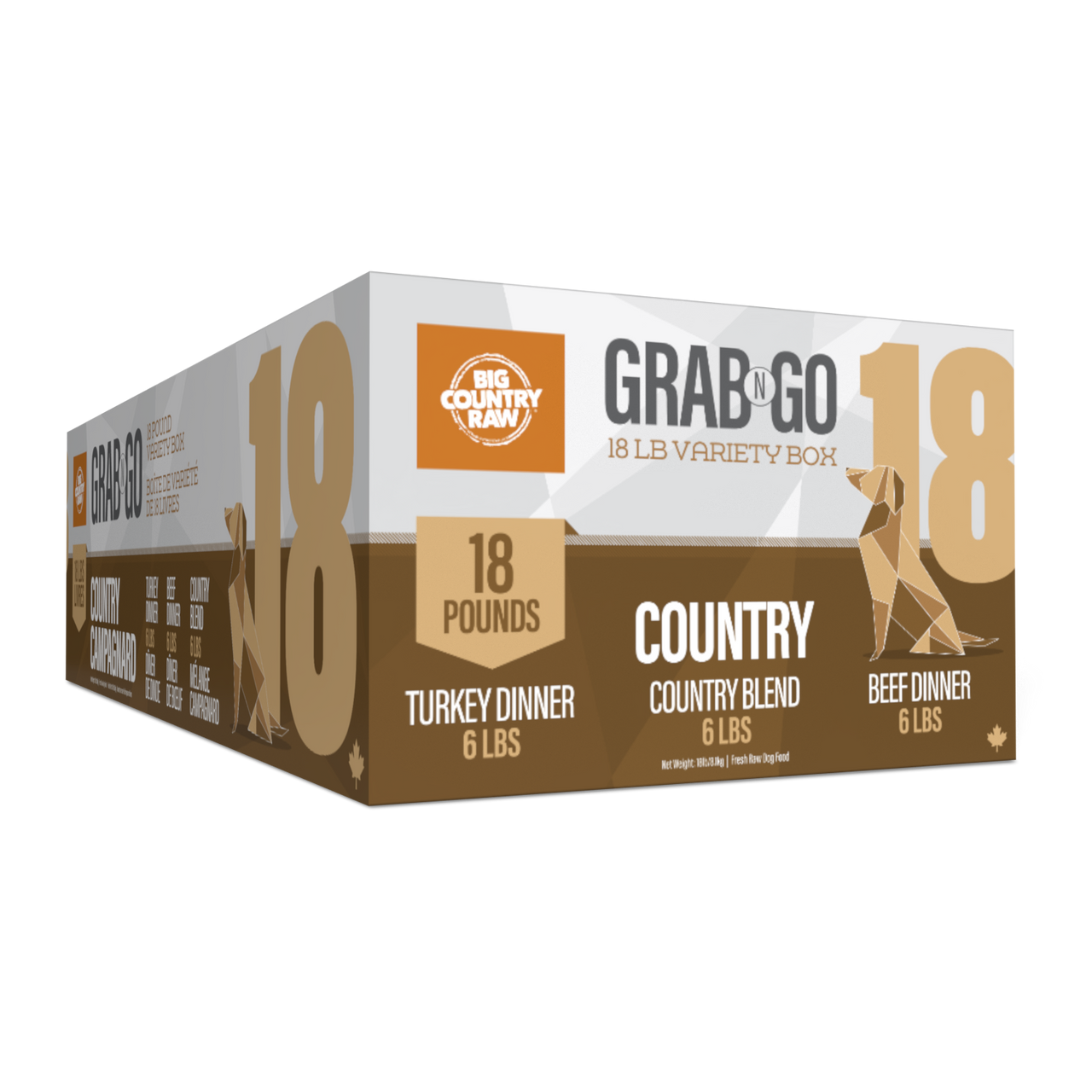 A box labeled "Big Country Raw Grab N Go Country Deal 18lb" for pets, featuring turkey dinner, country blend, and beef dinner—6 lb of each flavor for a total of 18 lb.