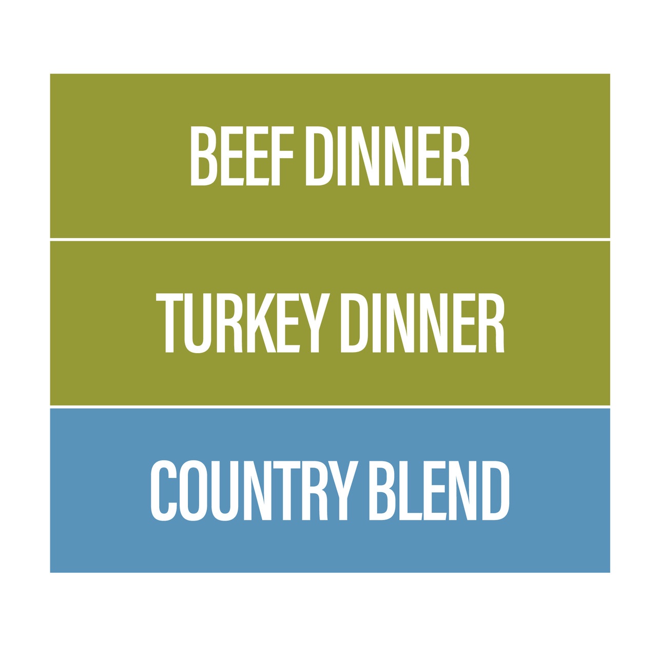 Three rectangular blocks display "BIG COUNTRY RAW GRAB N GO COUNTRY DEAL 18LB" on an olive green background, "TURKEY DINNER" on a similar green, and "COUNTRY BLEND" on a blue background, all in bold white capital letters.