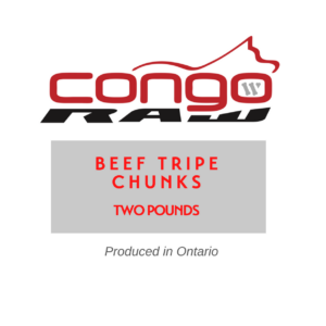 Congo Raw logo above text reading: "Individually Frozen Beef Tripe Chunks, 2lbs, Produced in Ontario." Text is in red and gray on a white background.