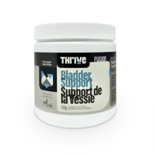A white container labeled "Thrive Bladder Support 135gr" features English and French text, animal icons, and indicates it is a urinary support supplement for animals.