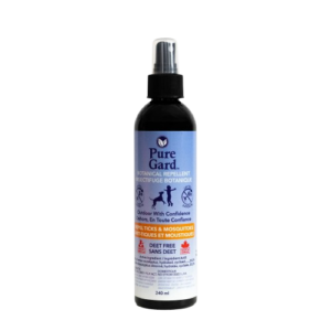 A black spray bottle of PureGard Repellent Spray 240 ml features a blue and white design that indicates it repels ticks and mosquitoes and is DEET free.
