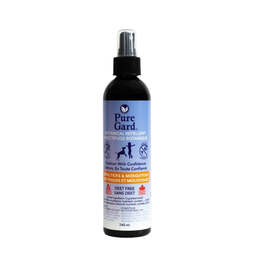 A black spray bottle of PureGard Repellent Spray 240 ml features a blue and white design that indicates it repels ticks and mosquitoes and is DEET free.