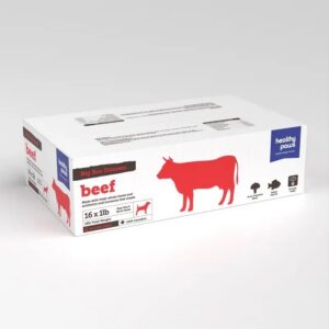 A white box of Healthy Paws Big Box Beef 16x1lb dog food, featuring a red cow illustration along with product details and icons for beef, mushrooms, and spinach on the side.