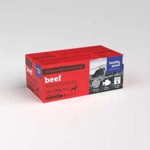 A red and blue box of Healthy Paws Beef 12x100G For Dog, designed as a complete diet for small dogs. The packaging contains 12 individual 100g packs and is decorated with product icons and a dog silhouette.